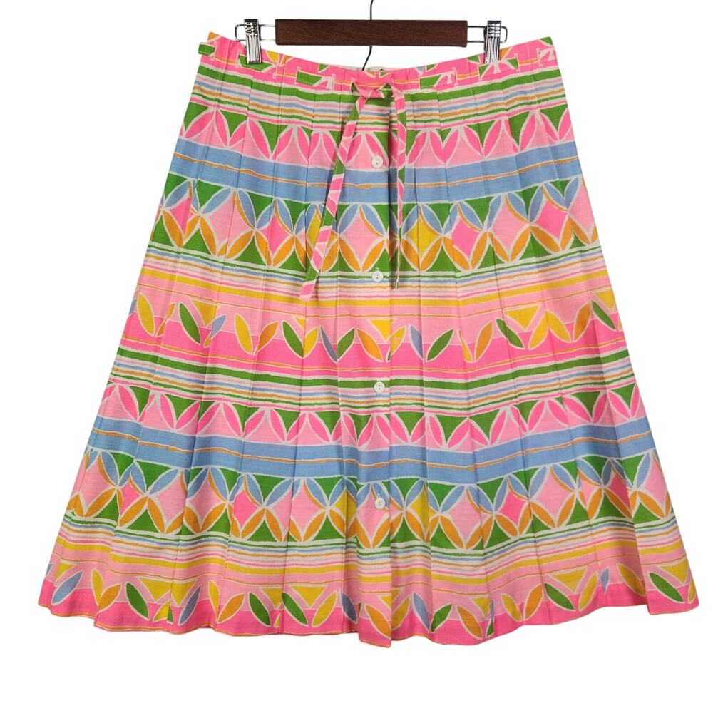 VTG Sanibel Sport Pleated Midi Skirt L 34" Button Tie Waist A Line Colorful Neon